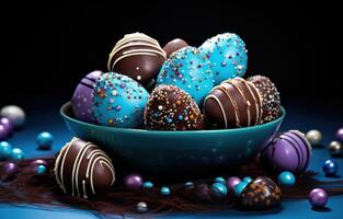 ai généré Pâques des œufs sur une bleu table sur Haut de arrose et Chocolat photo