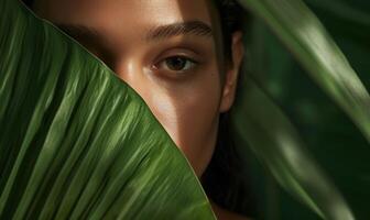 ai généré une femme dans vert feuilles dans le jungle photo