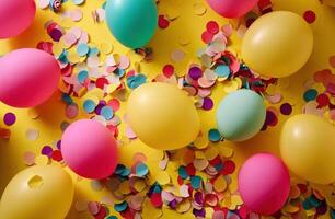 ai généré coloré confettis et des ballons sont sur une Jaune Contexte photo