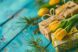 ai généré cadeaux avec Jaune tulipes et sapin branches sur une bleu bois table photo