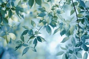 ai généré vert feuillage avec bleu teintes et feuilles photo