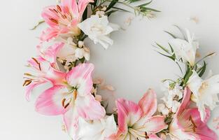 ai généré jolie floral couronne avec rose fleurs et blanc fleurs de lys photo