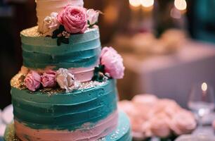 ai généré savoureux mariage Gâteaux photo