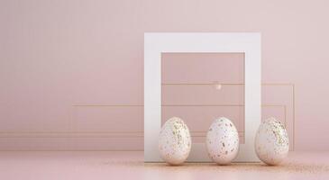 ai généré Trois Pâques des œufs et une blanc Cadre sur une rose arrière-plan, photo