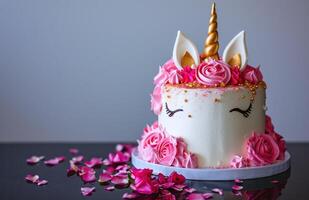 ai généré Licorne gâteau avec rose fleurs photo