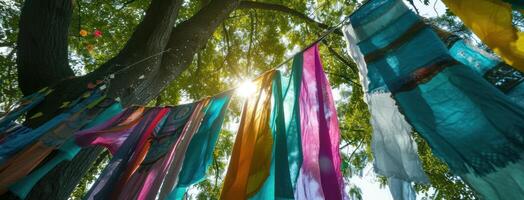 ai généré une variété de coloré bannières pendaison sur une arbre photo