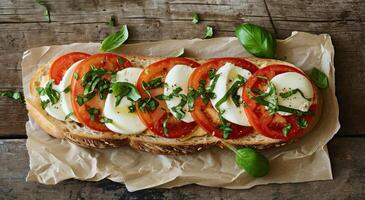 ai généré une sandwich avec mozzarella fromage et tomates sur Haut photo