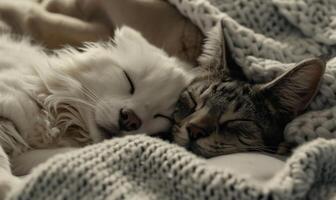 ai généré une chien et chat endormi suivant à chaque autre en dessous de une couverture photo