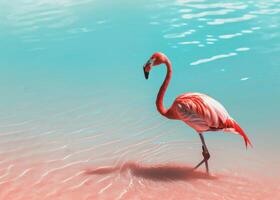 ai généré rose flamant dans le sable sur plage flamant photo