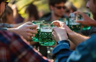 ai généré nombreuses gens sont en buvant bières en portant en haut vert des tasses photo