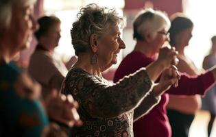 ai généré femme dansant avec autre femmes à une Danse classe, photo