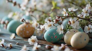 ai généré une printemps vacances scène avec pastel teintes, décoré des œufs photo