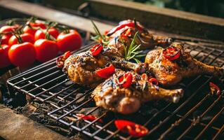 ai généré grillé poulet séance sur gril avec tomates et rouge poivrons photo