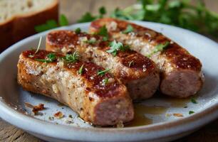 ai généré Frais saucisse sur Haut de français pain grillé photo