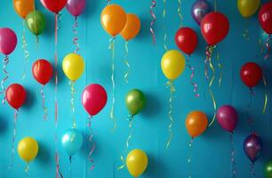 ai généré coloré des ballons sur une bleu arrière-plan, photo