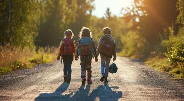 ai généré des gamins sont en marchant vers le bas route avec leur sacs à dos photo