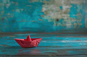 ai généré une petit papier bateau avec rouge voile sur en bois plate-forme photo