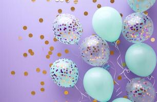 ai généré pastel et aqua des ballons avec confettis sur violet Contexte photo