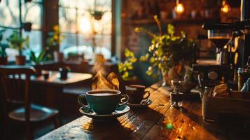 ai généré café Contexte avec embué tasses, délicieux ambiance, photo