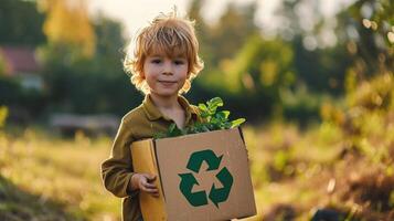 ai généré garçon en portant une papier carton boîte avec le recycler symbole photo