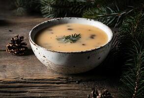 ai généré une bol de champignon soupe ensemble sur une en bois table photo