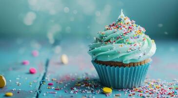 ai généré une petit gâteau dans de face de une numéroté anniversaire fête drapeau photo