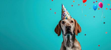 ai généré une chien dans une fête chapeau est soufflant une sifflet photo