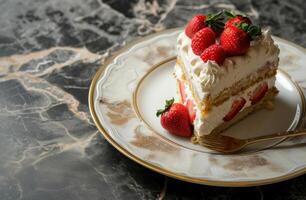 ai généré une dessert assiette plein de gâteau avec des fraises photo