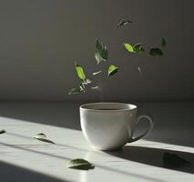 ai généré une tasse de thé avec vert feuilles jeté de le tasse photo