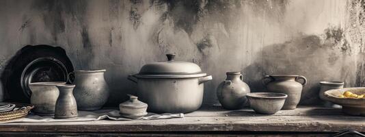 ai généré une cuisine avec deux des pots et autre vaisselle photo