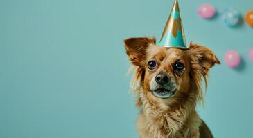 ai généré une chien dans une fête chapeau est soufflant une sifflet photo