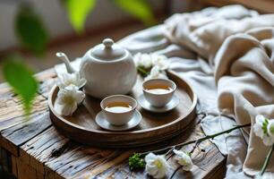 ai généré théière sur plateau avec deux tasses de blanc thé photo