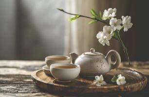 ai généré théière sur plateau avec deux tasses de blanc thé photo