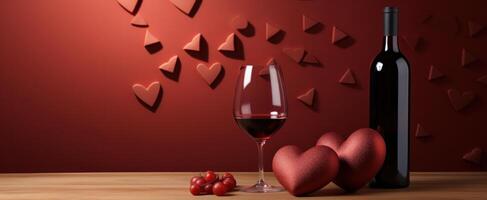 ai généré une bouteille de rouge du vin est mis suivant à une cœur en forme de boîte et chocolatcélébrer, photo