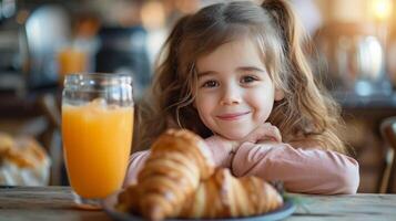 ai généré fille en mangeant croissant pour petit déjeuner avec Orange jus photo