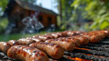 ai généré saucisses sont grillé. Contexte flou Contexte de pays maison et été jardin photo