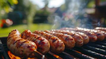 ai généré saucisses sont grillé. Contexte flou Contexte de pays maison et été jardin photo