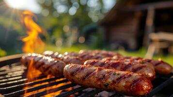 ai généré saucisses sont grillé. Contexte flou Contexte de pays maison et été jardin photo