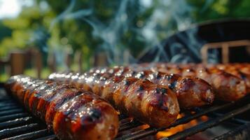 ai généré saucisses sont grillé. Contexte flou Contexte de pays maison et été jardin photo