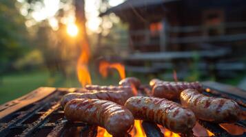 ai généré saucisses sont grillé. Contexte flou Contexte de pays maison et été jardin photo