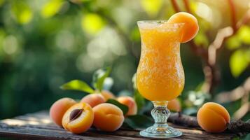 ai généré verre avec abricot compote des stands sur une en bois table suivant à il photo