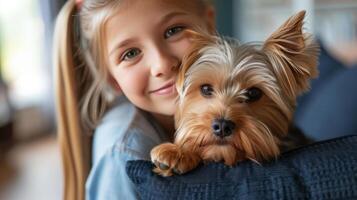 ai généré une 12 ans fille détient une duveteux Yorkshire terrier chien dans sa bras. photo