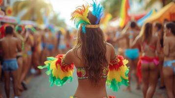 ai généré une magnifique femme danses à une carnaval dans une carnaval costume photo