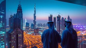 ai généré Beau arabe Hommes à la recherche à Dubai de une gratte-ciel photo