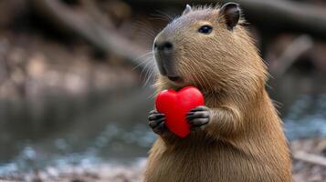 ai généré capybara détient une gros rouge cœur dans sa pattes sur une minimaliste brillant Contexte photo