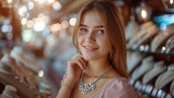 ai généré une magnifique fille choisit une Collier pour se dans une bijoux boutique photo