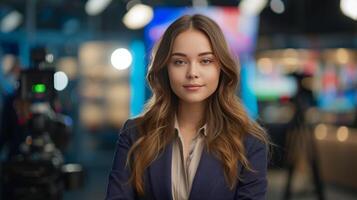 ai généré une Jeune femme dans une costume conduit nouvelles dans le studio sur le fédéral canal photo