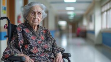 ai généré un vieux femme dans une fauteuil roulant est assis et regards à le caméra dans une hôpital couloir photo