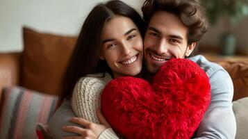 ai généré une Beau gars donne une gros peluche rouge cœur à le sien bien-aimée fille photo