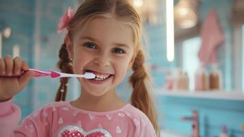 ai généré une 12 ans fille dans rose pyjamas avec une cœur brosses sa les dents dans une brillant salle de bains photo